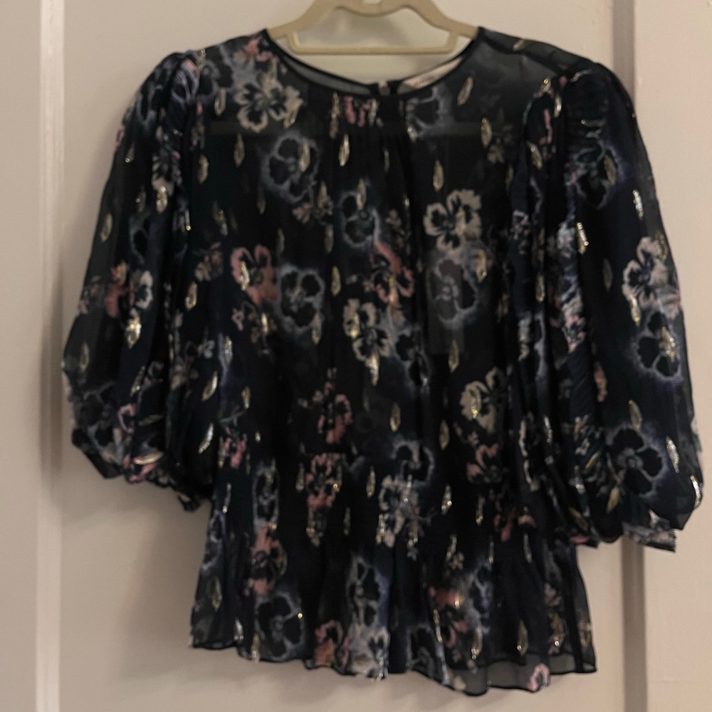 rebecca taylor faded floral metalic clip navy peplum top